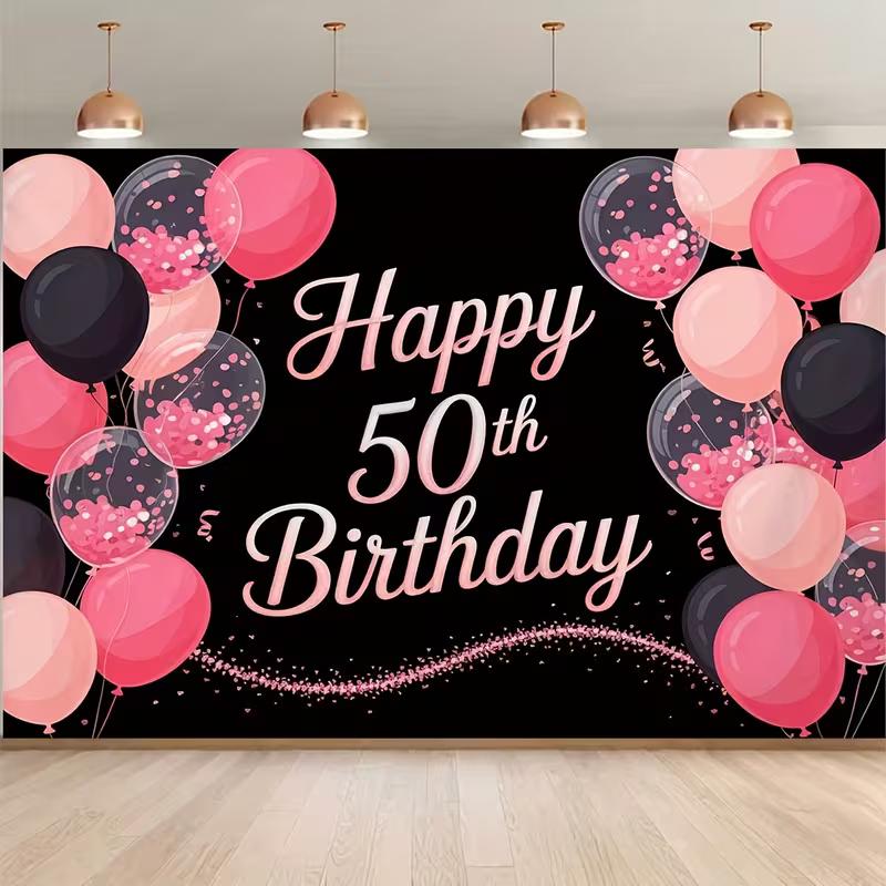 2D Black Pink Glitter 50th Birthday Backdrop with Confetti Balloons for 50th Birthday Party Photo Booth