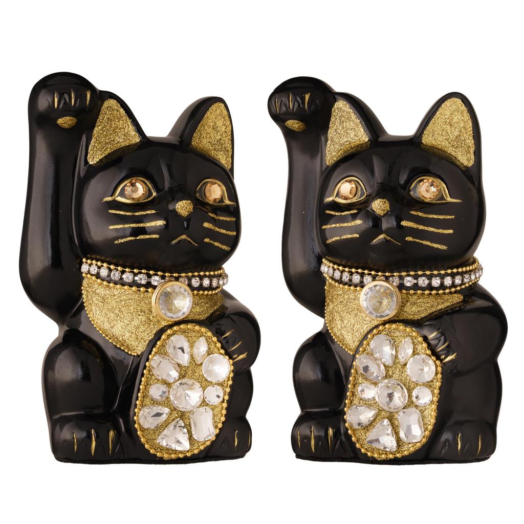 Lucky Cat Jewelry Cat Right Paw Raised Ceramic Lucky Cat Maneki Neko Auspicious Feng Shui Ornament (M-SIZE Black) / _ (jw_M Black)