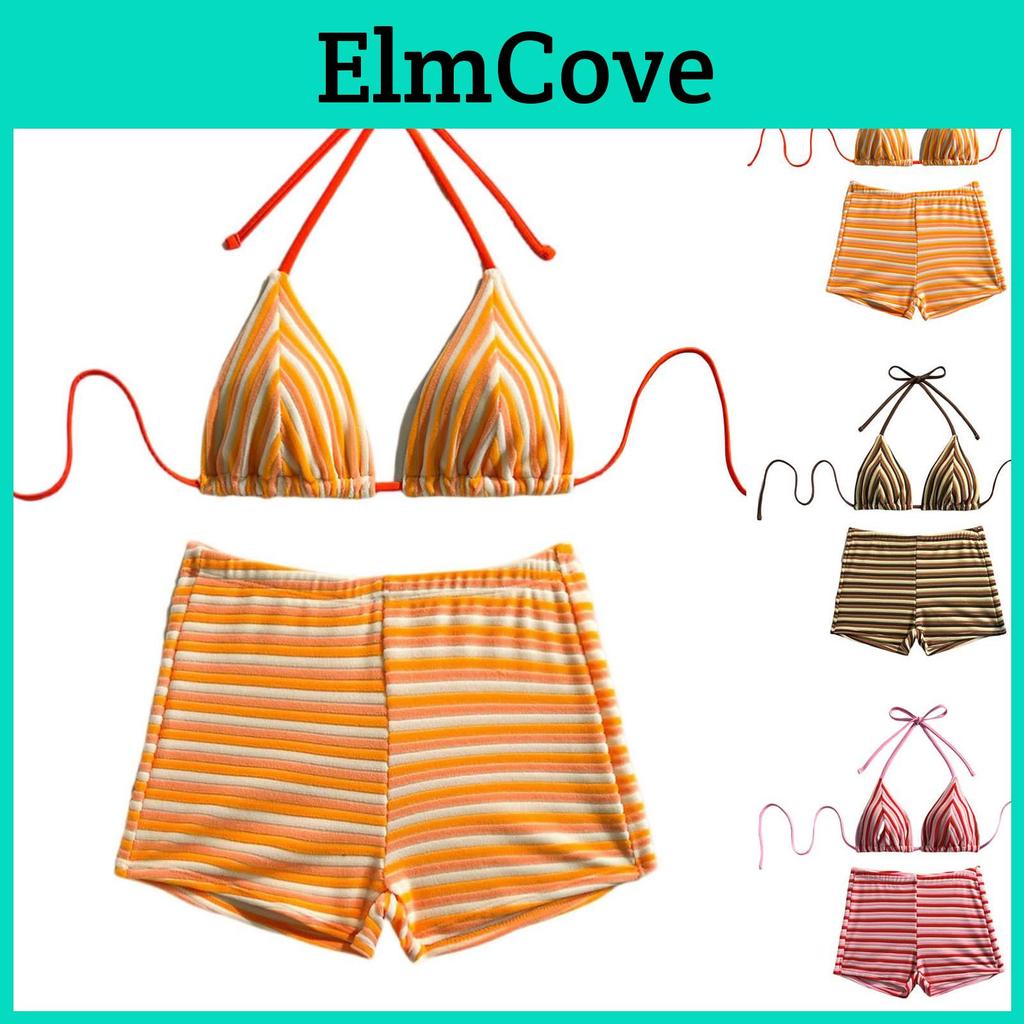 Shorts Women Bikini Two With Piece Boyshort Swimsuit Tie Backless Stripe Print Bathing Suit Y2k Style
