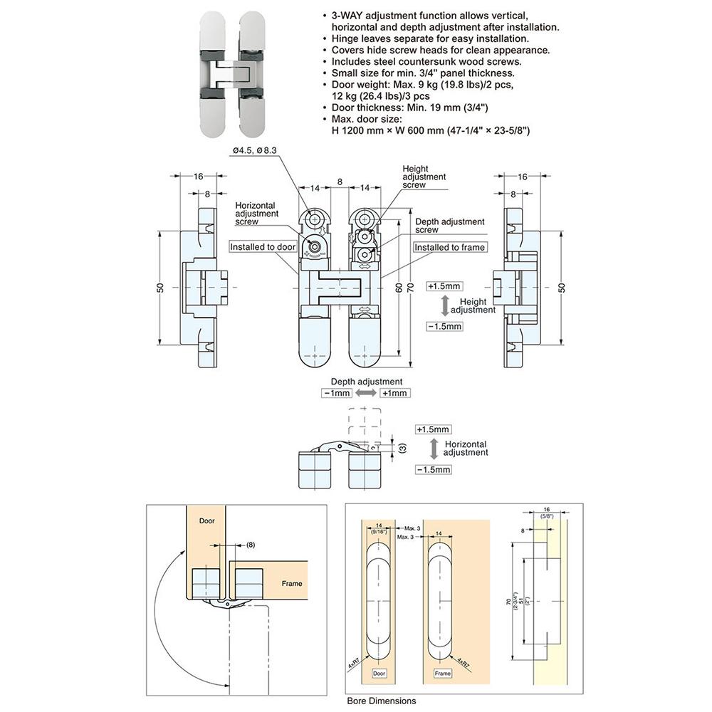 Adjustable Concealed Cabinet Hinges Hidden Cross Hinge for 18-20mm Thickness Doors