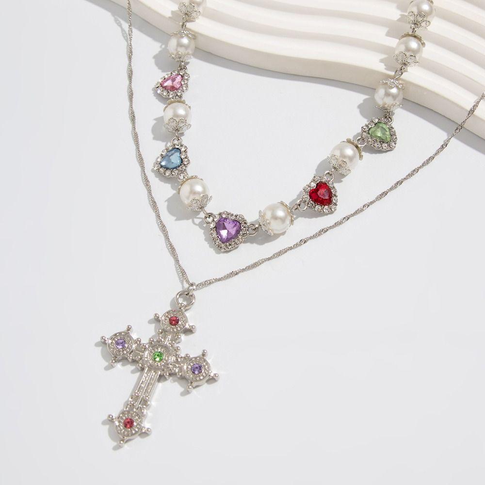 Pearl Men Necklace Heart Rhinestone Necklace Personality Cross Pendant Necklace  Women