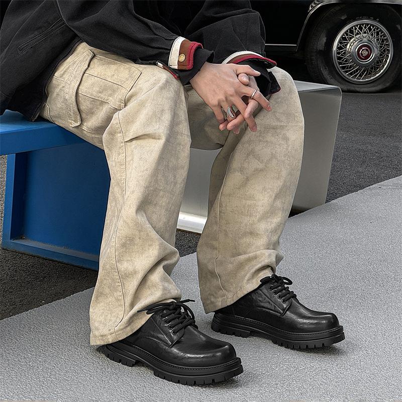 Новые кожаные туфли мужские весна и осень деловые платья большая голова гонконгский стиль толстая подошва внутренняя высота увеличение британский 65225 черный -J