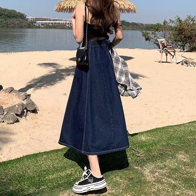 Denim Skirt Women's Mid-length Autumn Large Size High Waist Was Thin Loose Elastic Waist