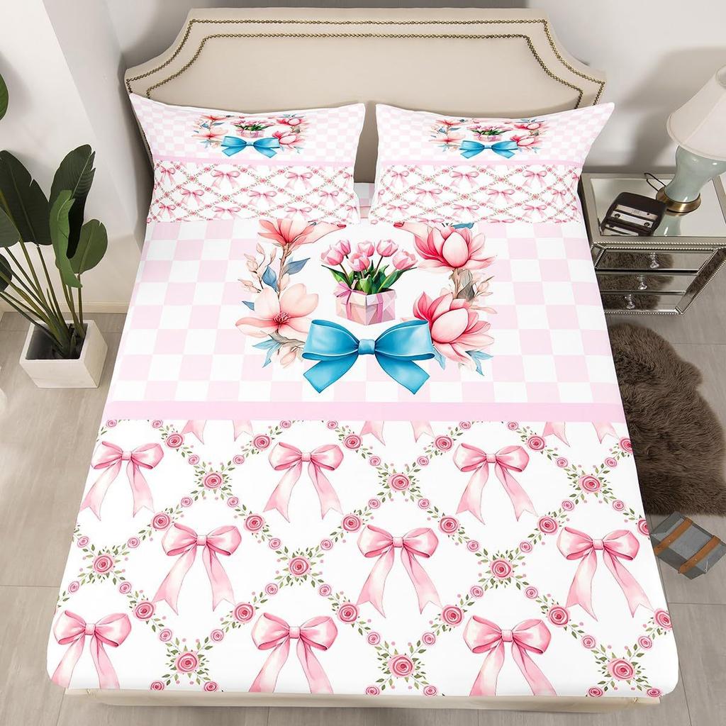 Simple Bow Pattern Mattress Three-Piece Digital Printing Mattress Bedding Set Adult Children