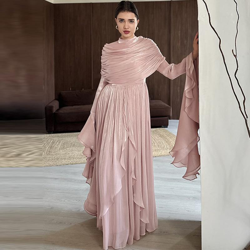 Женское formalное макси-платье с круглым вырезом и длинными рукавами, облегающего кроя, со средней посадкой, из плиссированного шифона, вечернее платье для гостей на свадьбу, банкета, осенних официальных мероприятий