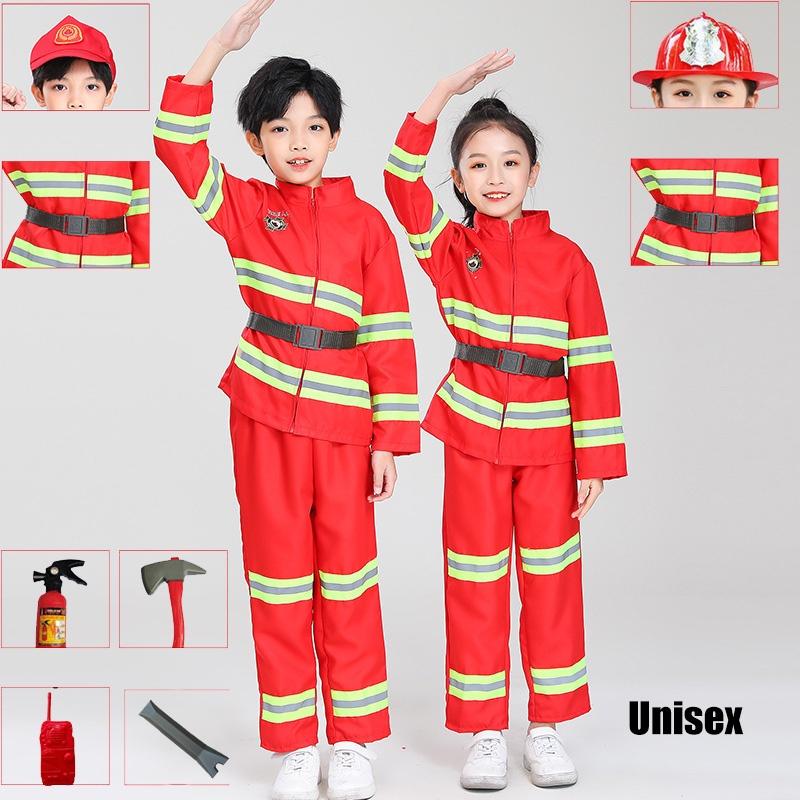 Детский костюм пожарного для переодевания, красный полиэстер, набор костюма пожарного с поясом и кепкой-уточкой