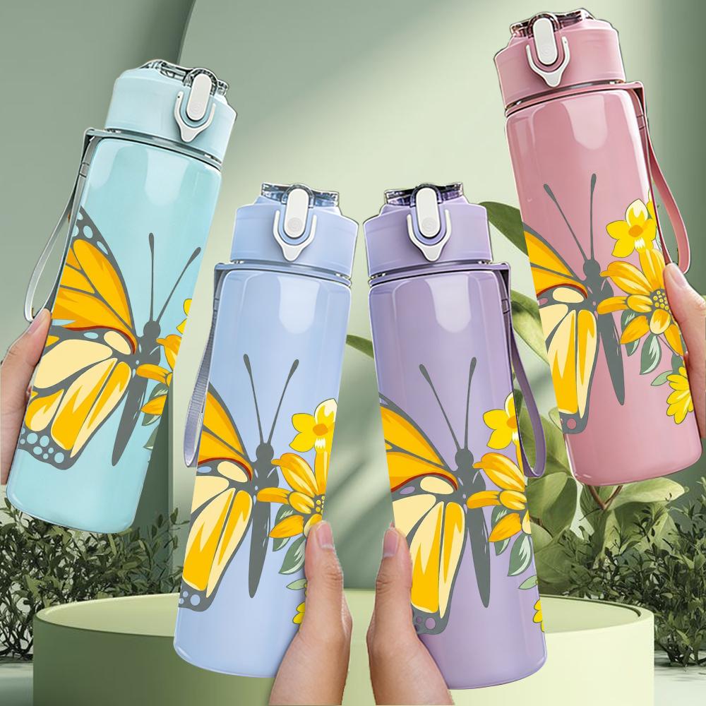 1PC Yellow Butterfly Daisy Floral 750ml Color Plastic Sports Water Bottle Leakproof Flip Straw Lid Suitable for Sports Office Home Use