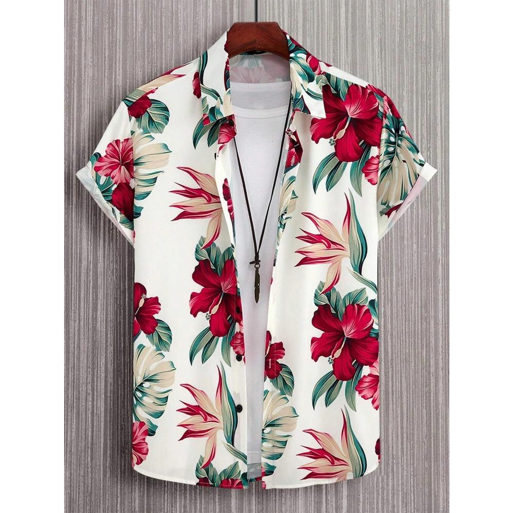 Tropical Coconut Tree Pattern Men's Short Sleeve Button Down Lapel Shirt For Summer Resort Holiday Hawaiian Style Oversized Tops