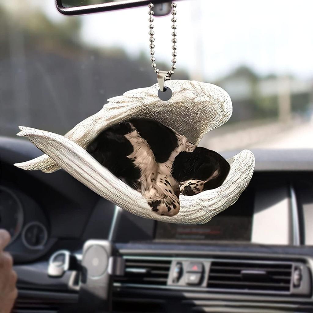 Cute Acrylic Car Mirror Pendant With Angel Wings Perfect For Dog Lovers Gifts
