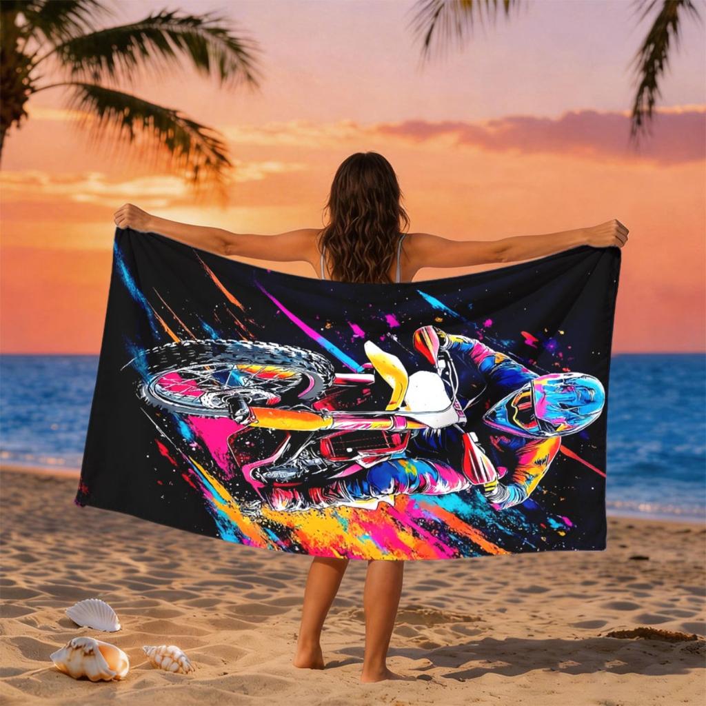 Doodle-style off-road motorcycle rider polyester microfiber beach towel is highly absorbent, suitable swimming and beach outings