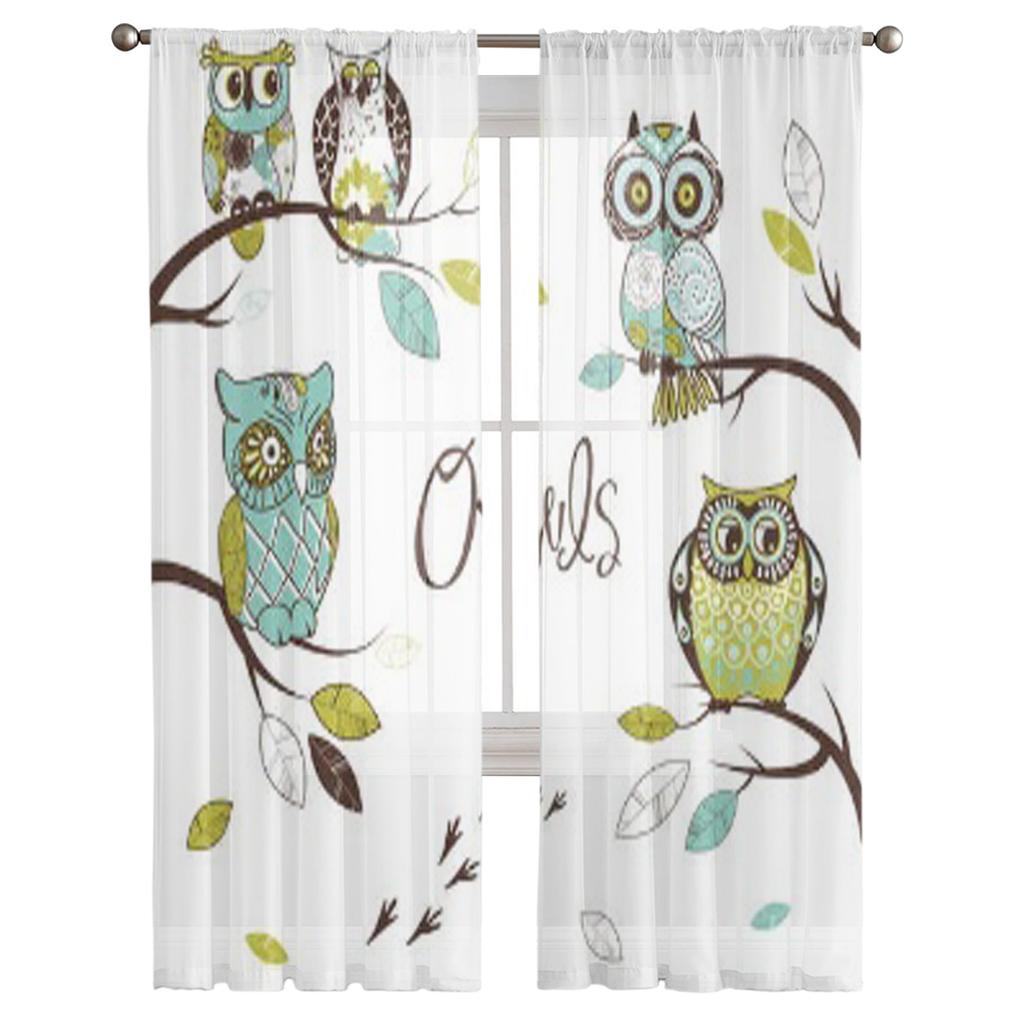 Five Different Owls Sitting On The Tree Brunches Tulle Sheer Curtains for Living Room Kitchen Decoration Voile Organza Curtains