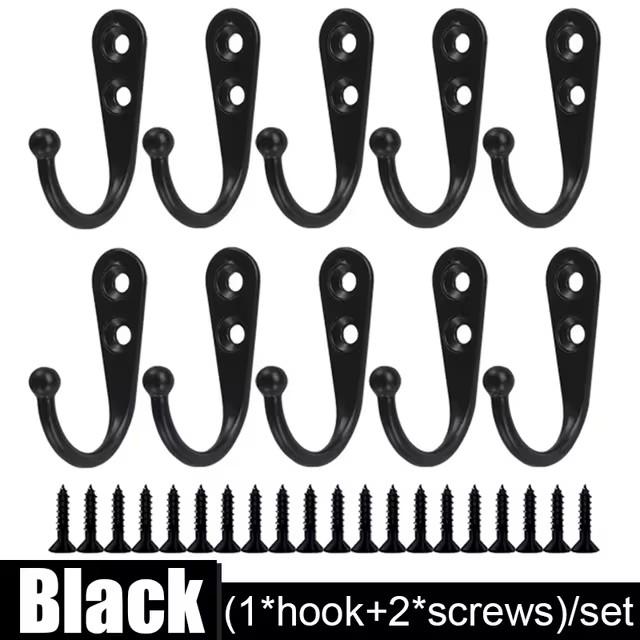 10pcs Alloy Hooks with Screws Wall Mounted Hanging Hangers for Coat Towel Bags Caps Hook Kitchen Bathroom Storage Rack Holders