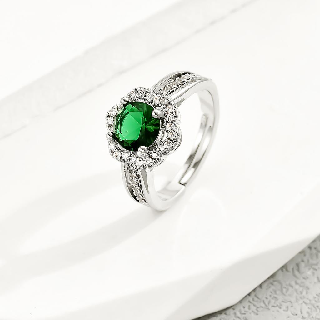 Ins Japanese and Korean Niche Versatile Plain Ring Ring Women's Inlaid Emerald Zircon Ring Simple Fashion Index Finger Ring