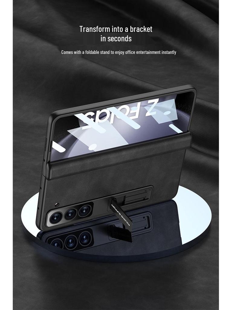 Кожаный чехол для Samsung Z Fold5: Магнитный шарнир, Полное покрытие, Подставка, Защита от пересечения границ