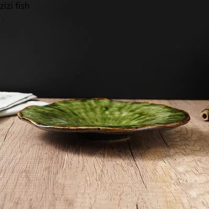 Ретро-неправильная керамическая обеденная тарелка в виде листа лотоса, десертная тарелка, тарелка для фруктового салата, тарелки для пасты, специальная посуда для молекулярной еды