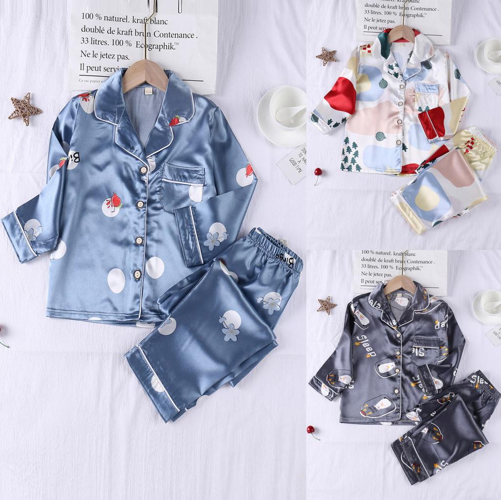 Boys Girls Silk Pajamas Short Sleeves Nightwear Spring Summer 2 Pieces Print