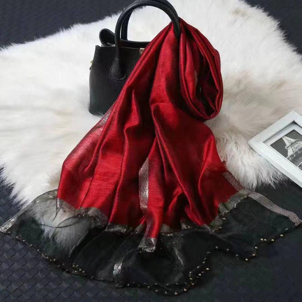 Новый шарф для женщин, тонкий, с бисером, однотонный, шаль, шарф из марли с золотой нитью, персонализированный, шарф из искусственного шелка, весна и осень