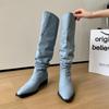 Krazing Pot Джинсовая осенне-зимняя обувь, круглый носок, толстый средний каблук, без шнуровки, плиссированные сапоги в стиле вестерн, женские сапоги до бедра