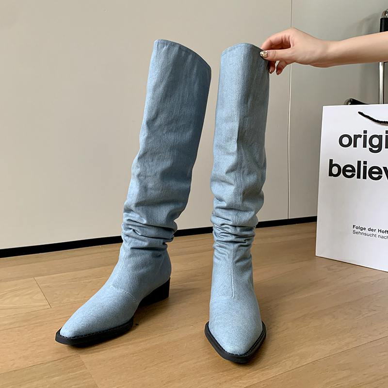 Krazing Pot Джинсовая осенне-зимняя обувь, круглый носок, толстый средний каблук, без шнуровки, плиссированные сапоги в стиле вестерн, женские сапоги до бедра