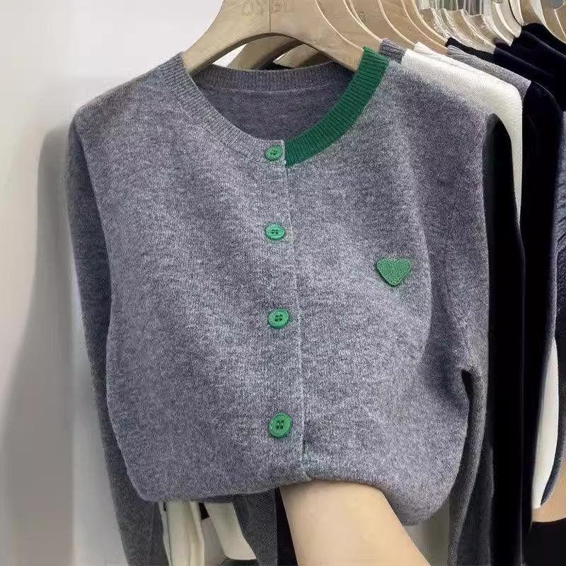 Повседневный круглый вырез контрастный свитер женское пальто осень и зима свободная вышивка Love Fashion вязаный кардиган