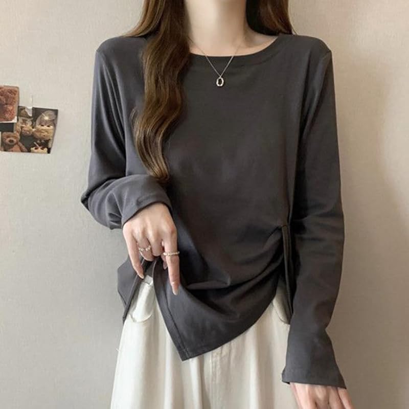 [ODFMCE] t-shirt ladies long sleeve spring cotton Plain color Fashionable Beautiful Relaxing big size is (JP, alphabet, 2XL, gray)