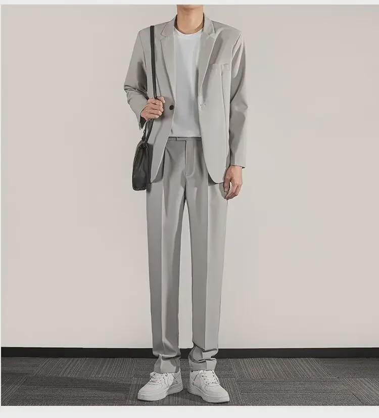 Мужской модный повседневный деловой костюм в корейском стиле, весна 2024 г., элегантный однотонный, не требует глажки