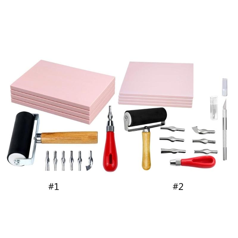 Rubber Stamp Making Kit, Block Printing Starter Tool, Linoleum Cutter with 6 Type Roller, Tracings Paper