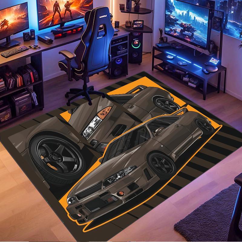 Brown Retro JDM Drift Car Comic Print Area Rug Non‑Slip Rectangular Floor Mat Racing Auto Decor for Gaming Bedroom Living Room