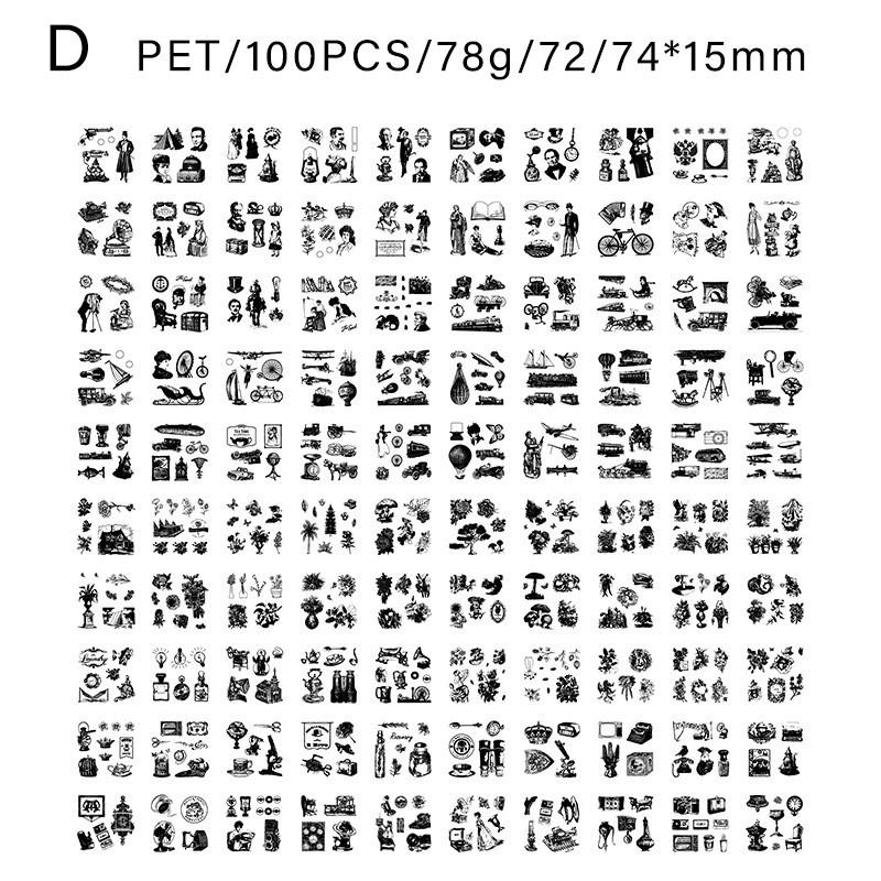 100Sheets/pack Vintage Stickers Waterproof PET Material Children Stationery Sketchbook Diary Scrapbook Supplies for Kids