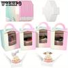 30pcs Gradients Individual Cupcake Boxes Single Cupcake Containers Cupcake Carriers with Handle Clear Window Gift Packing Box Perfect for Mother's Day