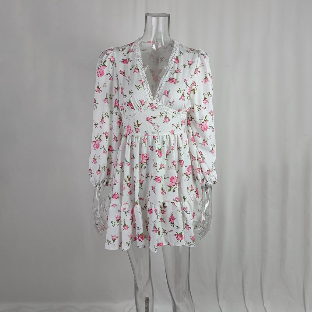 Fashion Women's Casual V-Neck Printed Long Sleeve High Waist Printed Dress