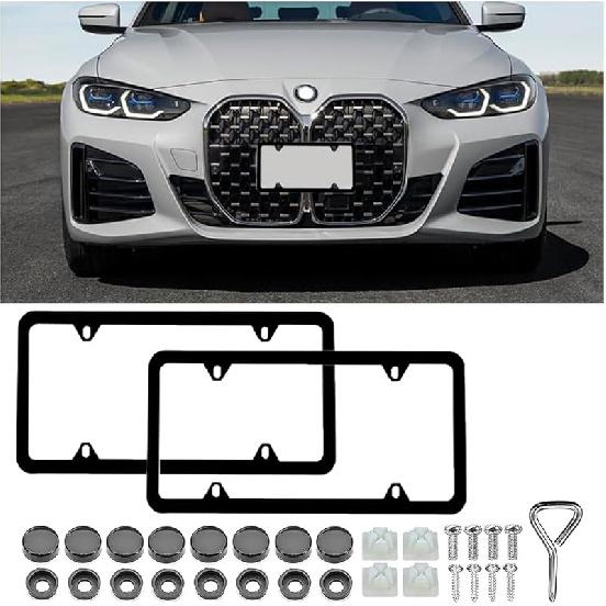 2PCS Matte Black Car License Plate Frames, Universal Stainless Steel Tag Frame Auto License Plate Cover, License Plate Holder with Screws Fasteners