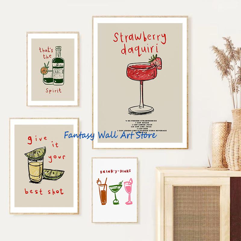 Kitchen Alcoholic Beverage Cocktails Abstract Line Art Cheers Poster Canvas Painting Wall Picture Home Kitchen Living Room Decor