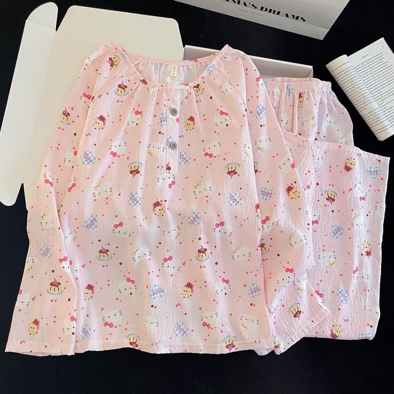 Женский набор пижамы с мультяшным принтом из облачного хлопка – с длинным рукавом, круглым вырезом, больших размеров, для ношения на улице