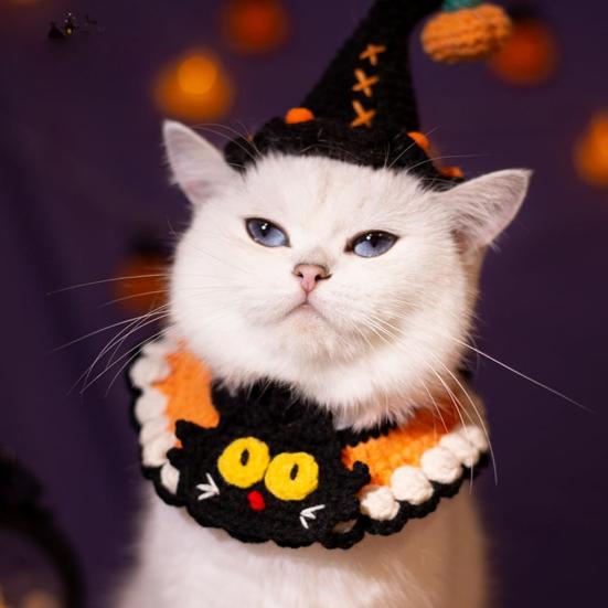 Хэллоуин Домашний питомец Шляпа-тыква Набор ошейника с привидением Регулируемый наряд в готическом стиле для кошек, маленьких собак, вязаные аксессуары для костюма