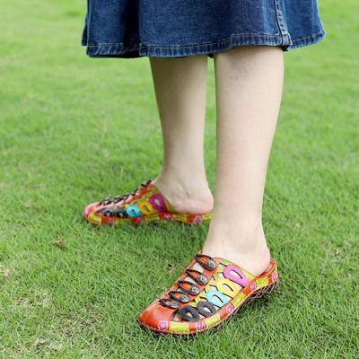 Красочные полые тапочки из натуральной кожи, ручная роспись, наружные шлепанцы, женские удобные туфли на плоской подошве