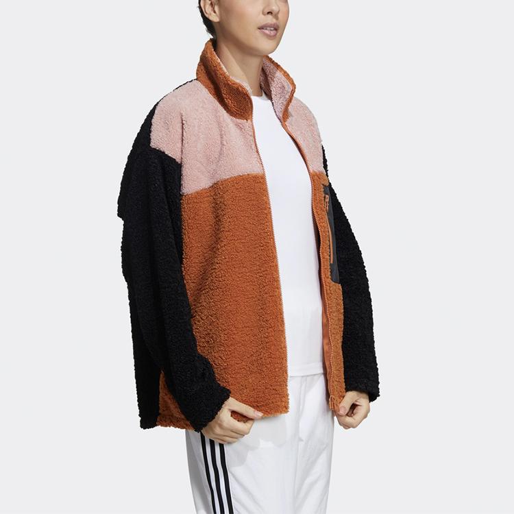 adidas Оригинальная короткая куртка-шерпа с цветовыми блоками, воротником-стойкой, теплая спортивная куртка для женщин, цвет хаки-коричневый, GQ1238