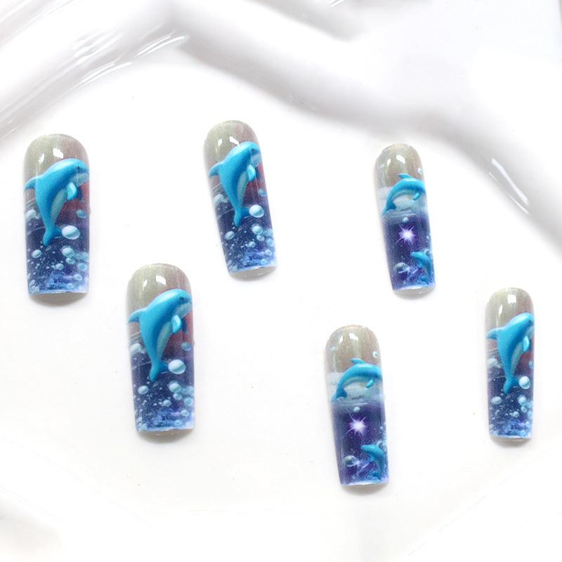 Nail art tablets are sweet and cute, dream ocean, blue dolphin long wearing nail tablets wholesale