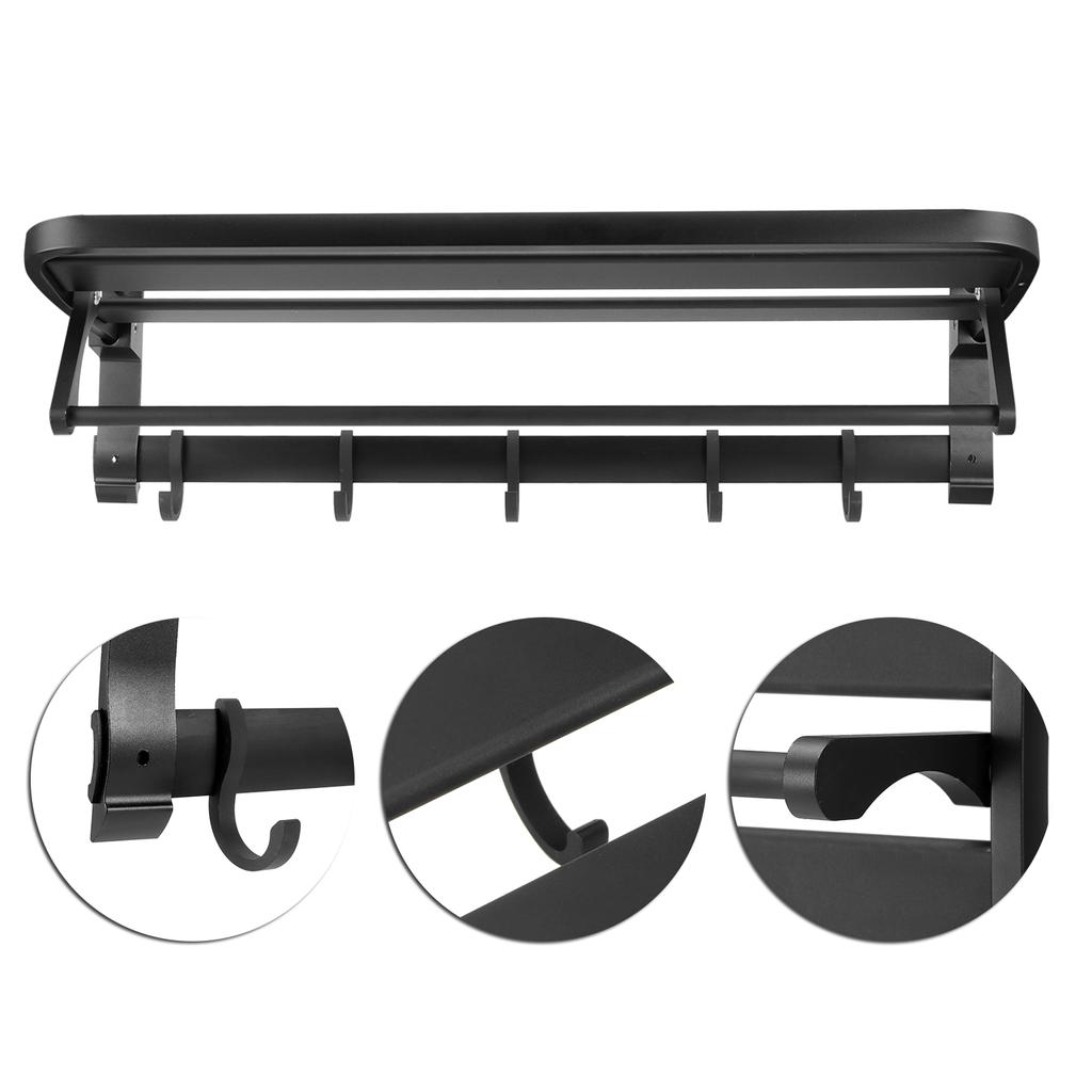 Wall Mounted Space Aluminum Towel Rack Holder Folding Storage Shelf for Bathroom Toilet Black