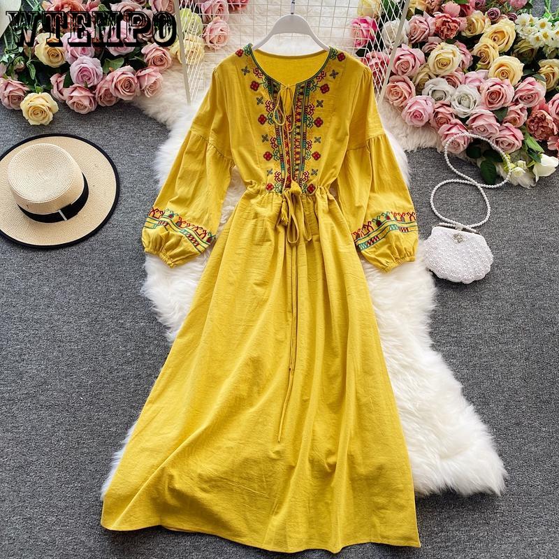 Women's Long Sleeve Round Neck Boho Dress Ethnic Long Embroidered Cotton Seaside Vacation Dresses