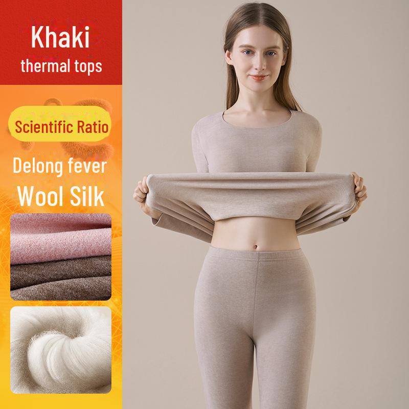 Женское термобелье из кашемира: Плюс бархатный, плотный бесшовный топ с круглым вырезом на осень/зиму.