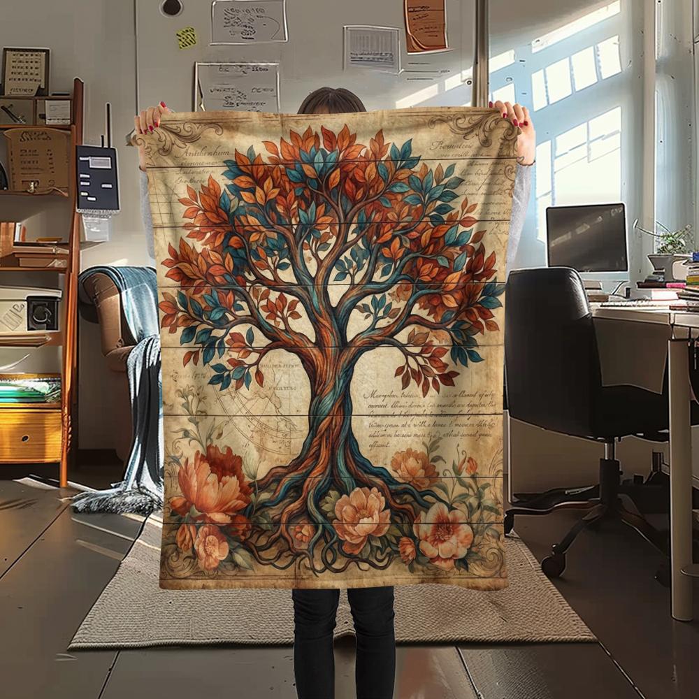 1PC Retro Tree of Life Flowers Print Flannel Blanket, High quality All Seasons, Home Decor, Warmth and Comfort, Perfect for Christmas Gifts