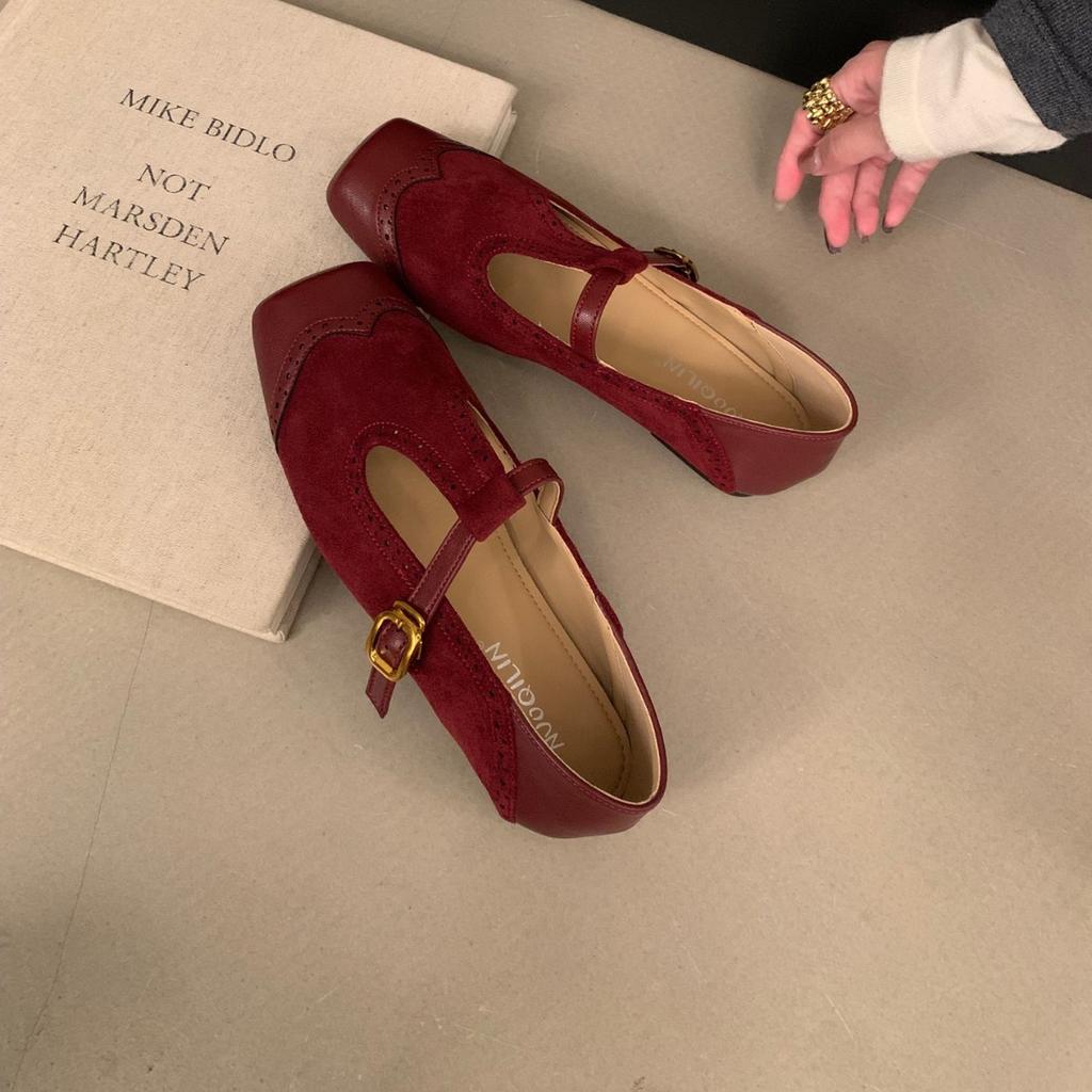 2025 новые французские ретро универсальные туфли Мэри Джейн на плоской подошве, замшевые, с квадратным носком, с неглубоким вырезом, осенние