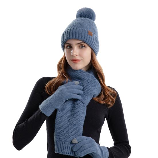 Women's Winter Hat Scarf Gloves Set Faux Fur Pompom Ball Knitted Cap Long Scarf Touch Screen Gloves Set for Cold Weather