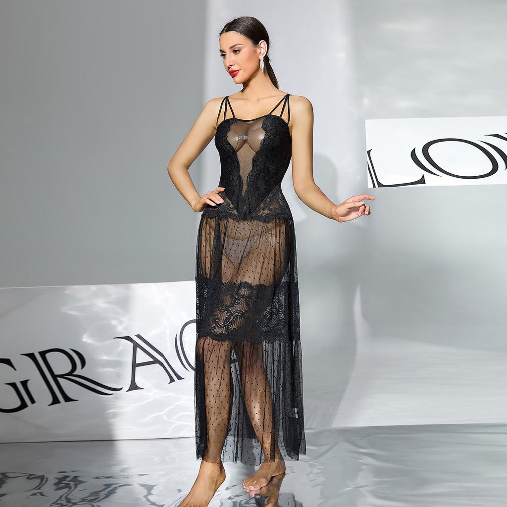 Сетчатая кружевная майка-ночнушка в горошек, длинная, прозрачная, дышащая, приятная для кожи, моделирующая домашняя одежда 408, выгодно подчеркивающая фигуру, удобная одежда для сна с классическими принтами