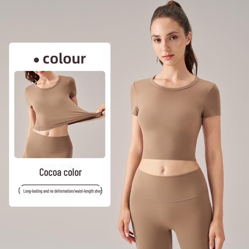 Женские летние топы для йоги из лайкры с круглым вырезом и коротким рукавом — высокая эластичность, удобная посадка для фитнеса и спорта.