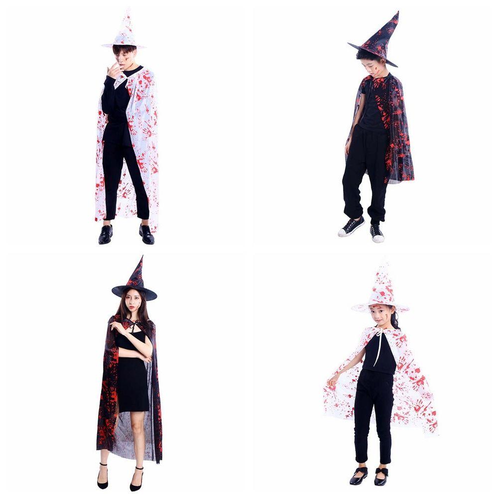 Cosplay Props Witch Cloak Hat Set Blood Printed Horror Cape Halloween Blood Costume  Decoration
