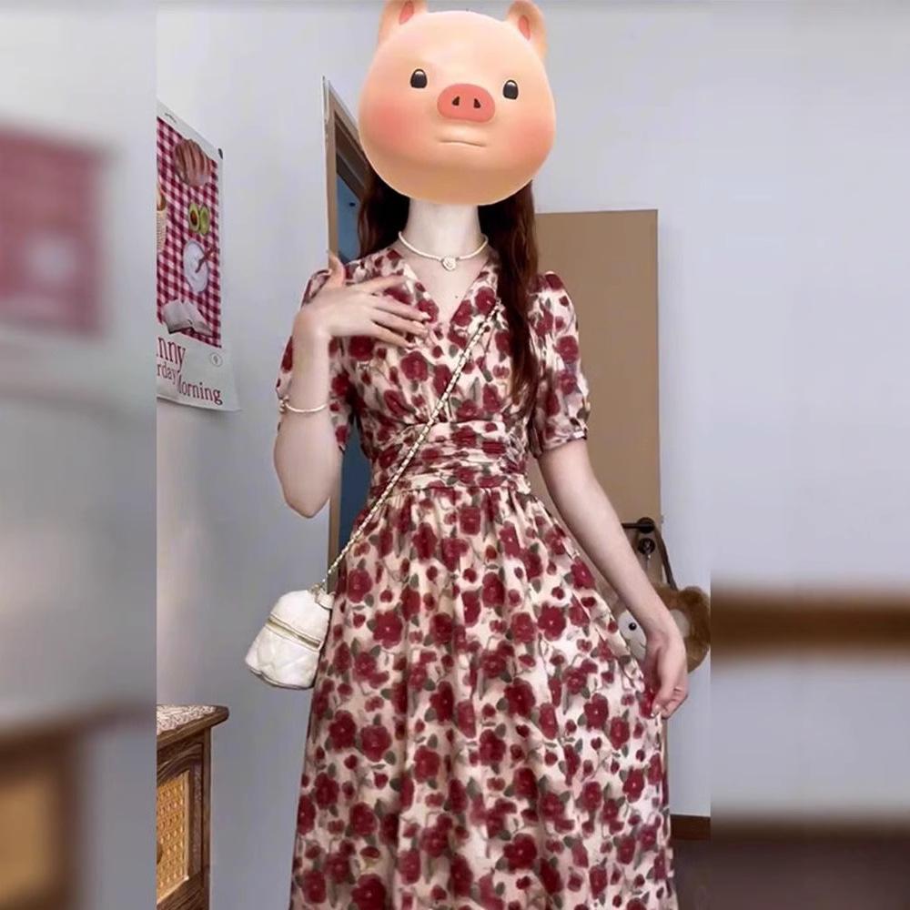Summer red floral dress children's new waist explosion long dress coffee break French temperament advanced sense