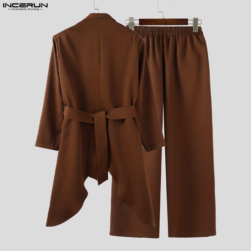 INCERUN Мужские наряды Пиковый лацкан Длинный рукав Необычный блейзер Ветровка Длинные брюки Повседневные костюмы-двойки