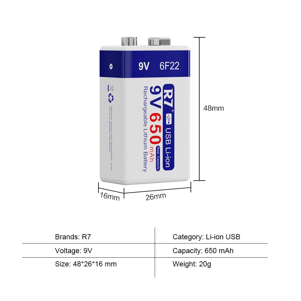 R7 9V USB батареи 6F22 аккумуляторные батареи 650mAh литиевые батареи многофункциональные батареи энергии для микрофона KTV металлоискателя